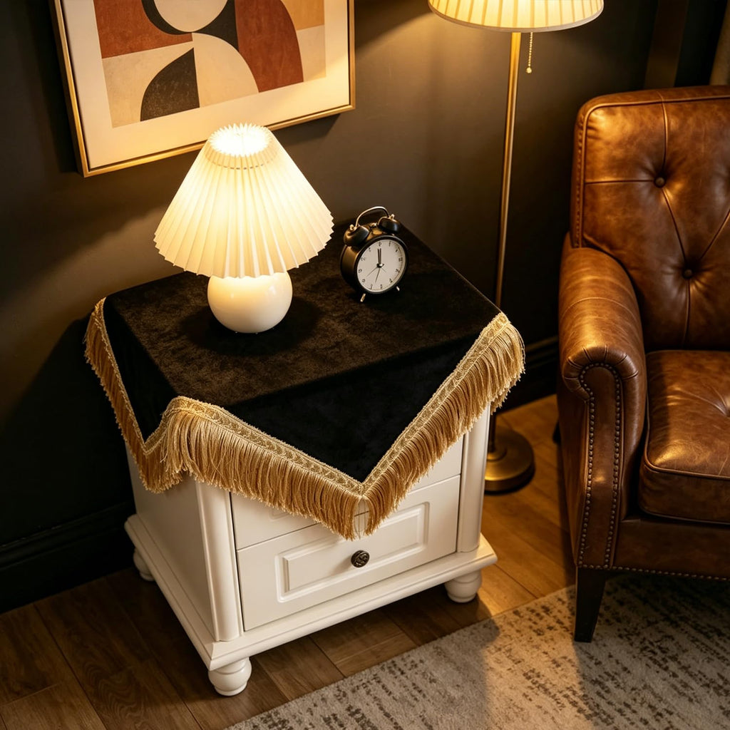 Square Black Velvet Tablecloth for Nightstand Solid Color Coffee Table Cover with Tassel Soft Velvet Fabric Washable