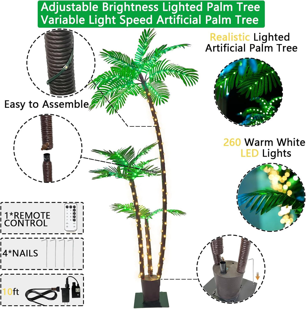 6FT Lighted Artificial Palm Tree with Three Trunks and Upgraded 260 LED Lights - Outdoor/Indoor Use