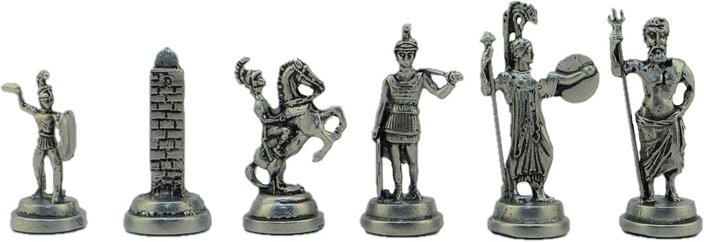 Metal Chess Set for Adults Greek Zeus Antique Copper Figures,Handmade Pieces and Marble Design Wooden Chess Board