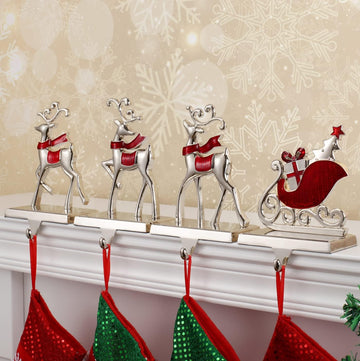 Set of 4 Reindeer Christmas Stocking Hangers for Mantel Xmas Stocking Hooks for Fireplace Mantle,Metal Free Standing
