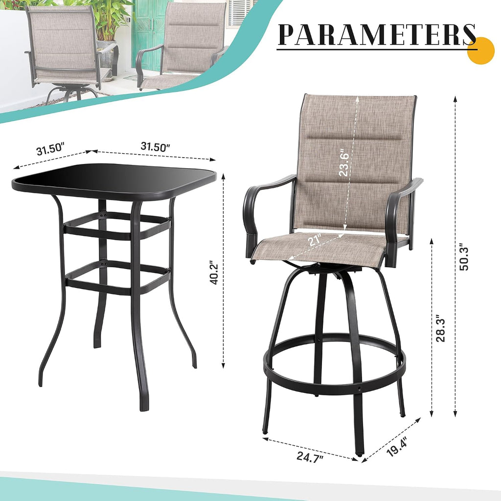 3 Piece Patio Swivel Bar Set, All Weather Mental Textilene High Swivel Bar Stools Chair Set of 2 and Glass Bar Table