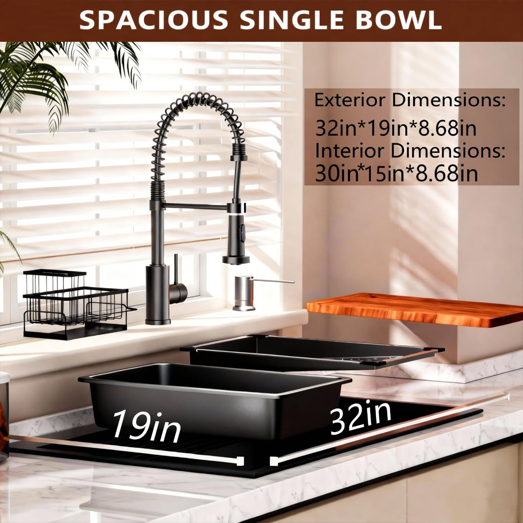 Black Drop Sink: 32in Stainless Steel single bowl Workstation