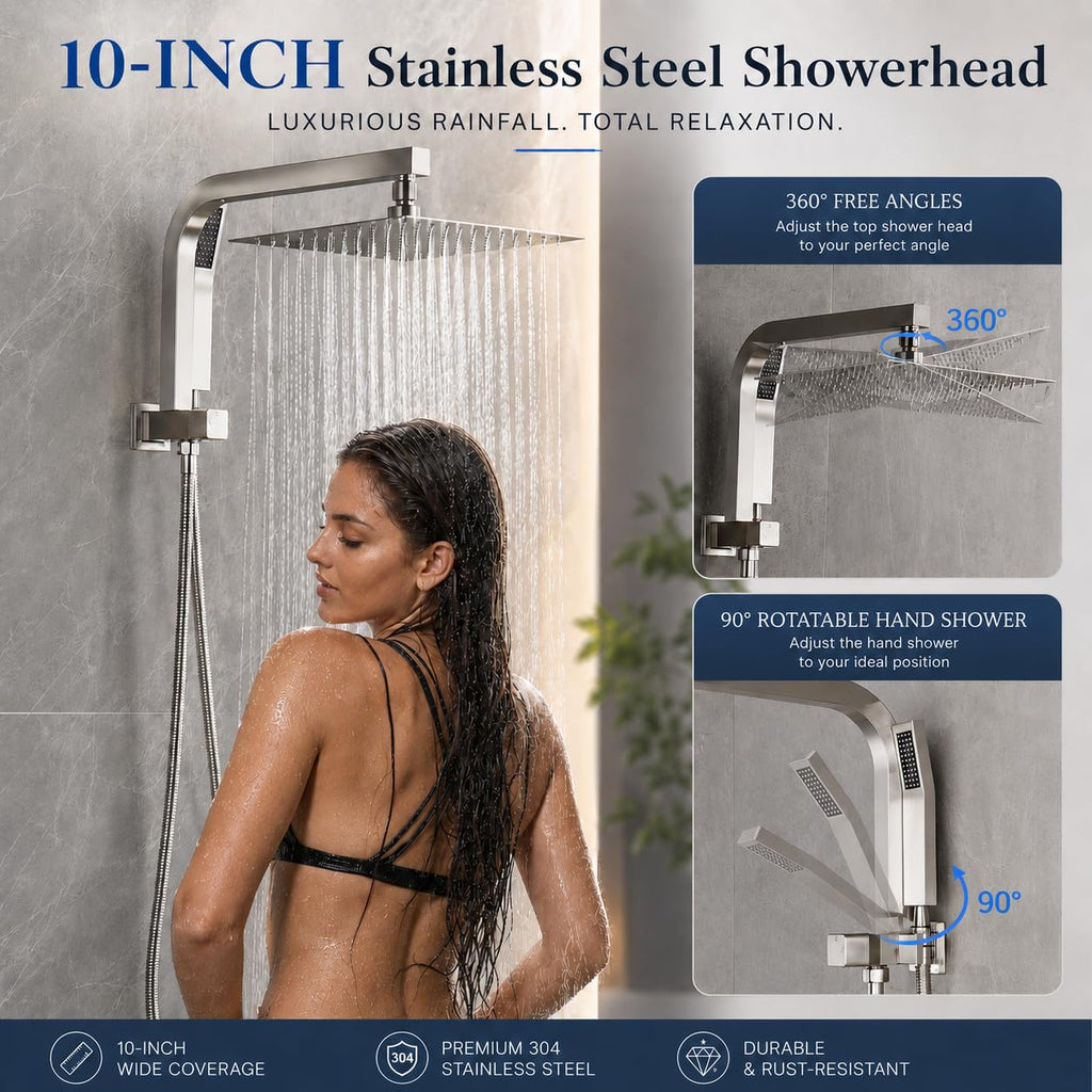 Shower Faucet Set with Handheld, 10" Rain Shower Head, Brushed Nickel