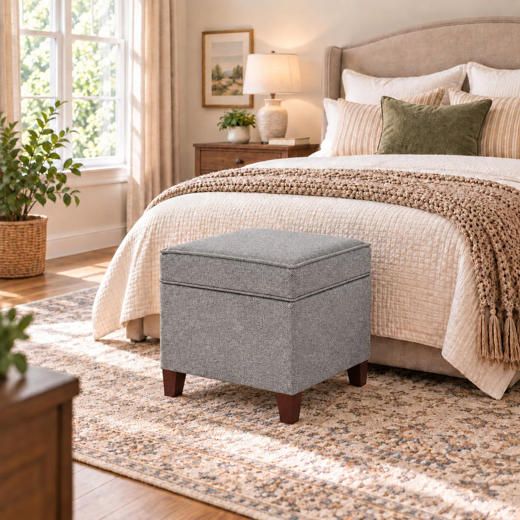 Linen Storage Ottoman with Wooden Legs, 17" Square Upholstered Flip-Top Footrest Stool, Extra Seat or Coffee Table