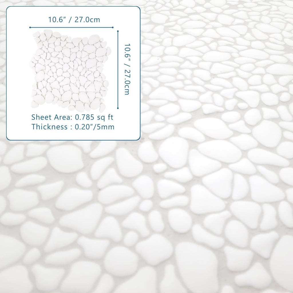 Pebble Tile for Shower Floor Border Kitchen Bathroom Backsplash, White Recycled Glass Marble Stone Looks