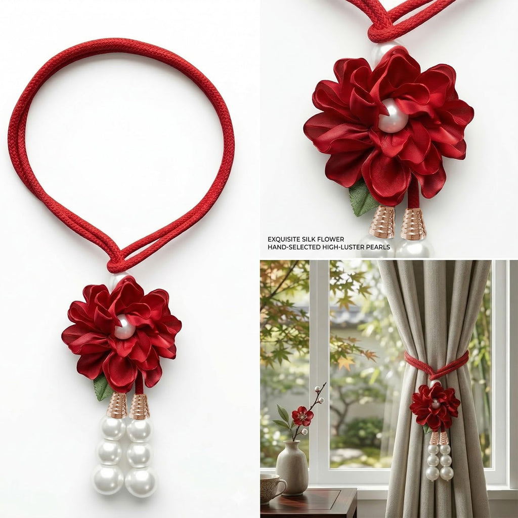 Adjustable Curtain Tiebacks, 4-Pack Hand-Woven Rope with Silk Flower & Pearl, Decorative Window Cord Holders