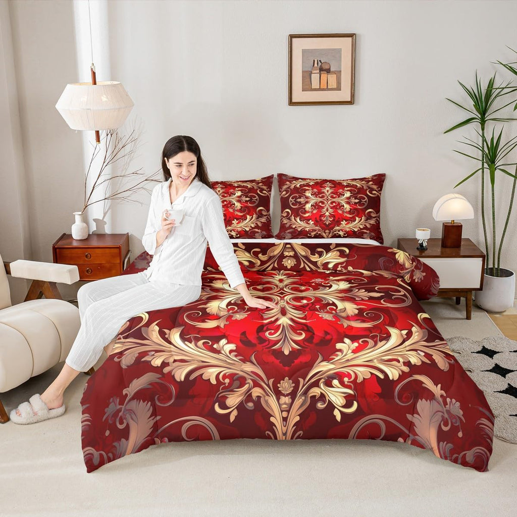 Just Print Red Damask Print Twin Size Comforter Set