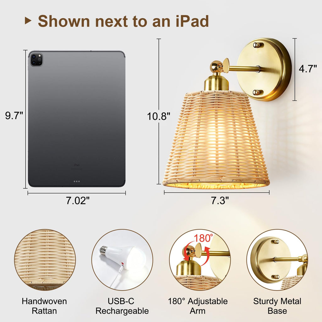 Rattan Rechargeable Battery Operated Wall Sconces Set of Two with Remote, 3 Colors Dimmable Wireless Wall Light