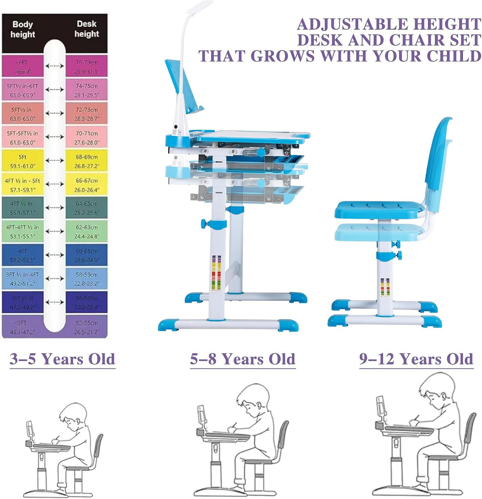 Kids Study Desk and Chair Set, Height Adjustable Children's Desk with LED Lamp, Tilting Desktop, Pull-Out Drawer