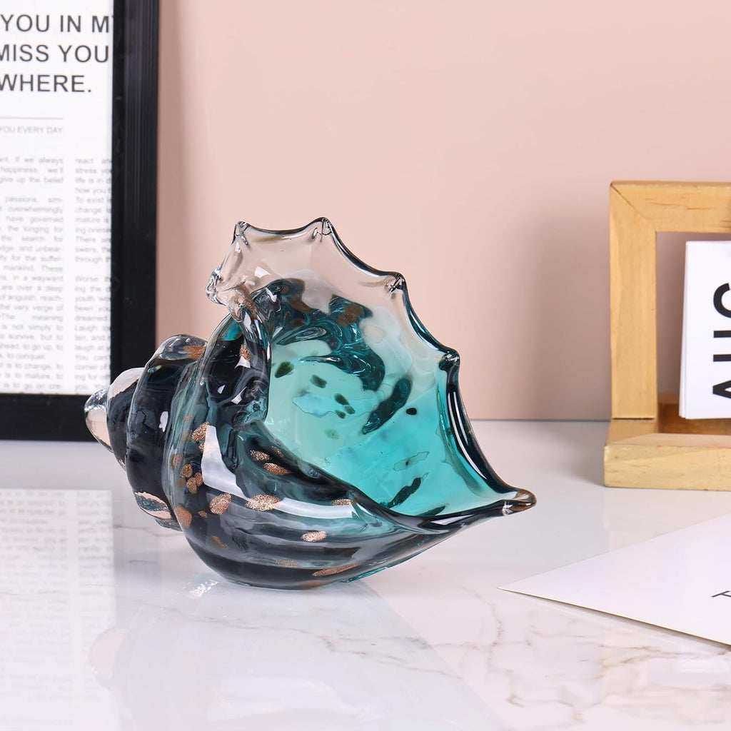 Sea Glass Art Figurines Hand Blown Conch Shell Sculpture, Coastal Art Decor