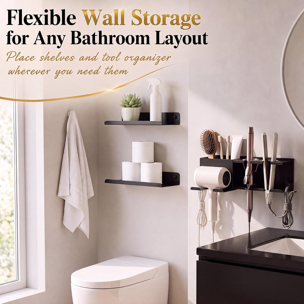 Set of 3 Hair Dryer Holder Wall Mounted with 2 Floating Shelves, 1 Metal Hair Tool Organizer for Blow Dryer, Curling