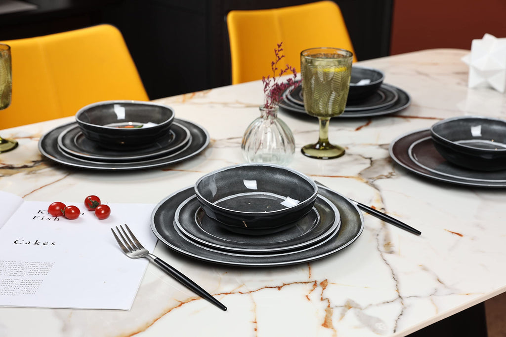 Black Melamine Dinnerware Set for 4,12Pcs Dish Set for Indoor & Outdoor Use