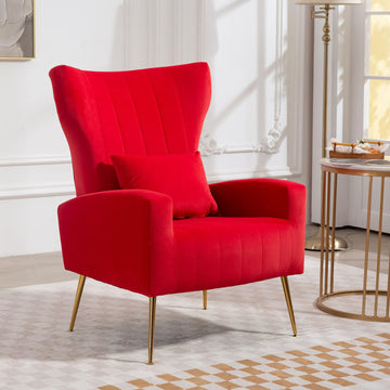 Velvet Accent Chair, Mid Century Modern Wing Back Living Room Chair with Waist Pillow, Upholstered Arm Chair with
