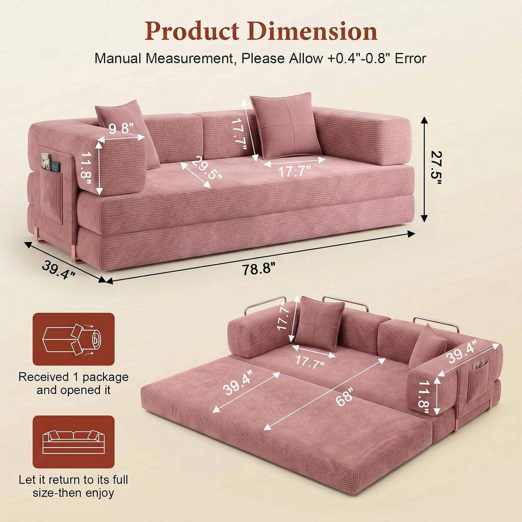 Convertible Futon Sofa Bed | 78.8" Corduroy Boneless Couch with Pull Out Sofa Bed, Comfy Futon Floor Couch with Side