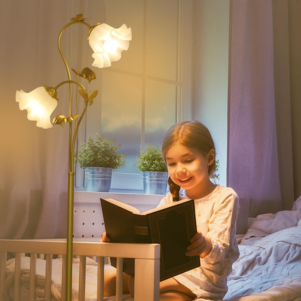 Gold Floor Lamp, Flower Standing Lamp with 2 LED 5W Blubs, Foot Switch, Floral Tall Lamp with Acrylic Shade, Antique