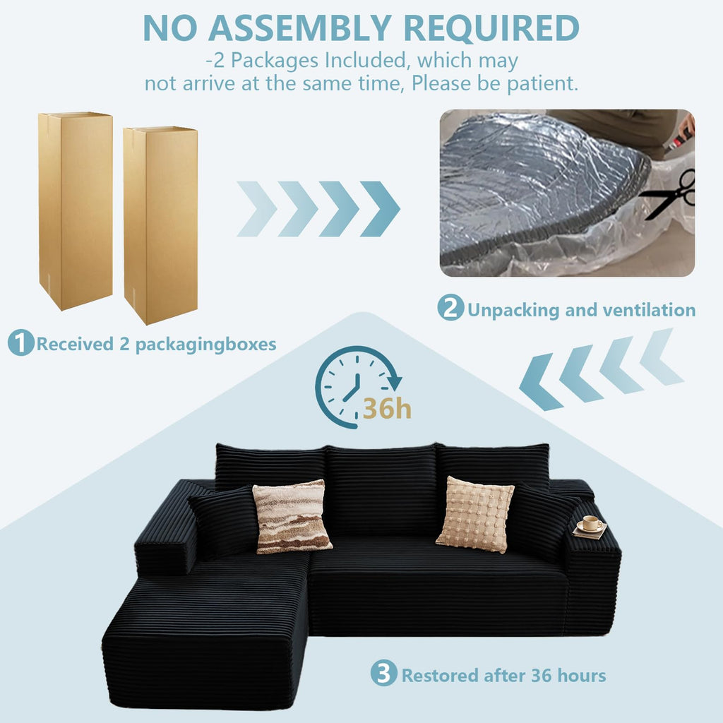 107" W Cloud Sectional Couch with L-Shape Chaise, Modern Corduroy Boneless Couch, Memory Foam Sofa with Deep Seat, No