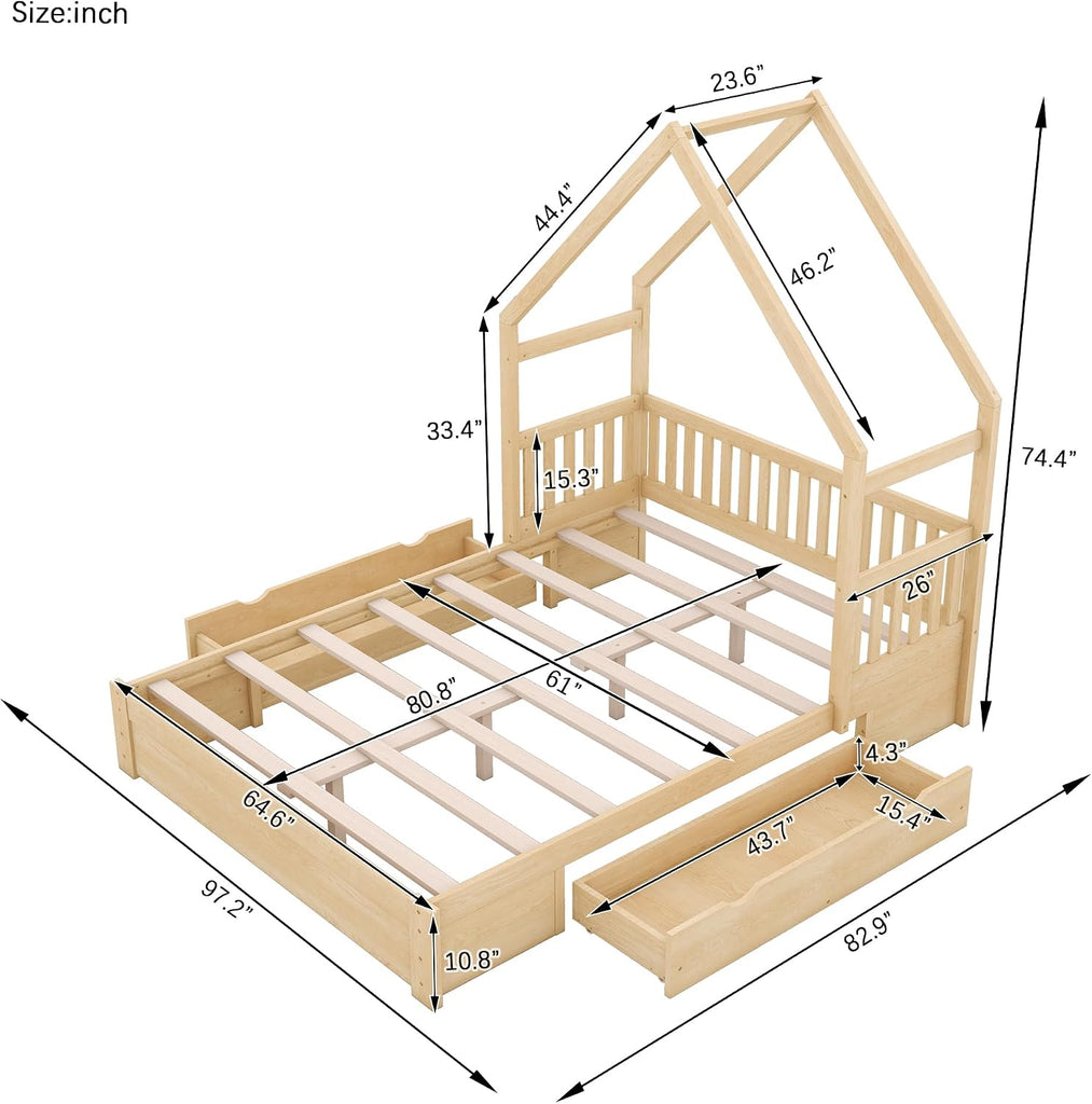 Queen Size Wood House Platform Bed with 2 Drawer for Toddlers and Baby, Modern Montessori Platform Bed Frame, No Box