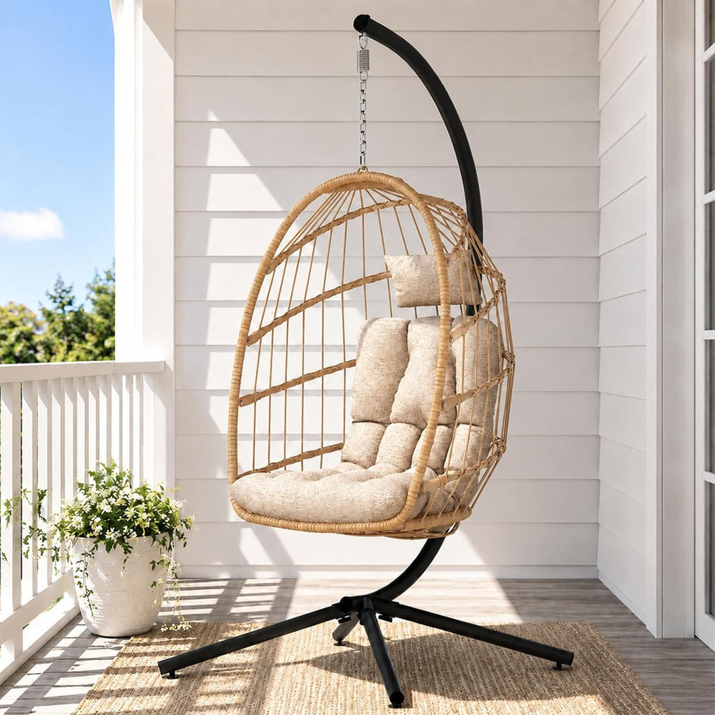Outdoor Hanging Egg Chair with Stand, Indoor Wicker Egg Shaped Swing Chair with Cushion, 370lbs Capacity Comfy Patio