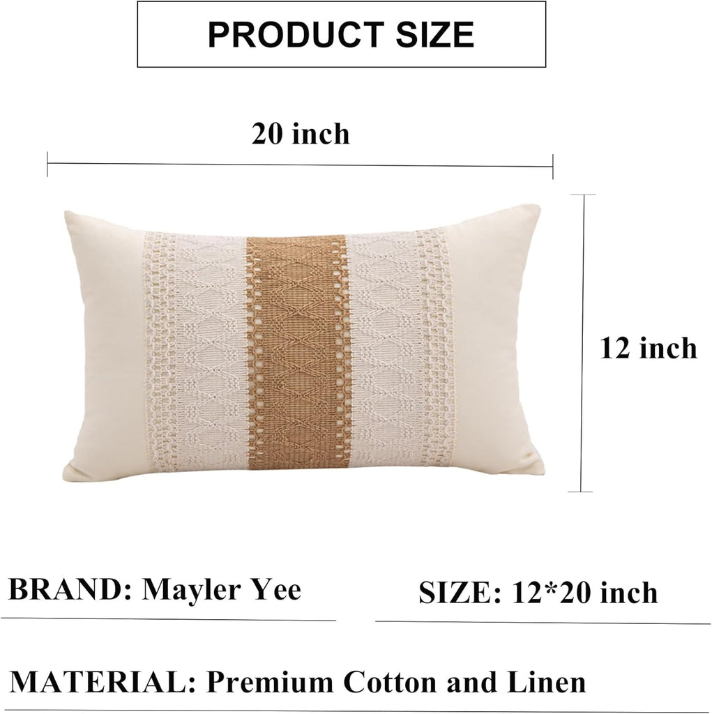 Lumbar Throw Pillow Covers 12 x 20 Inch 1PC for Farmhouse Living Room, Cotton & Burlap Textured Striped Woven Boho