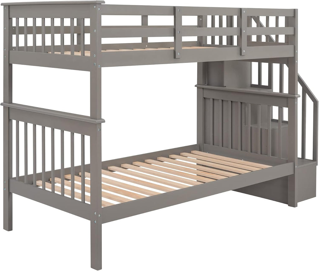 Stairway Bunk Bed with Storage Shelves, Twin Over Twin Wooden Bunk Bed Frame with Full-Length Fence