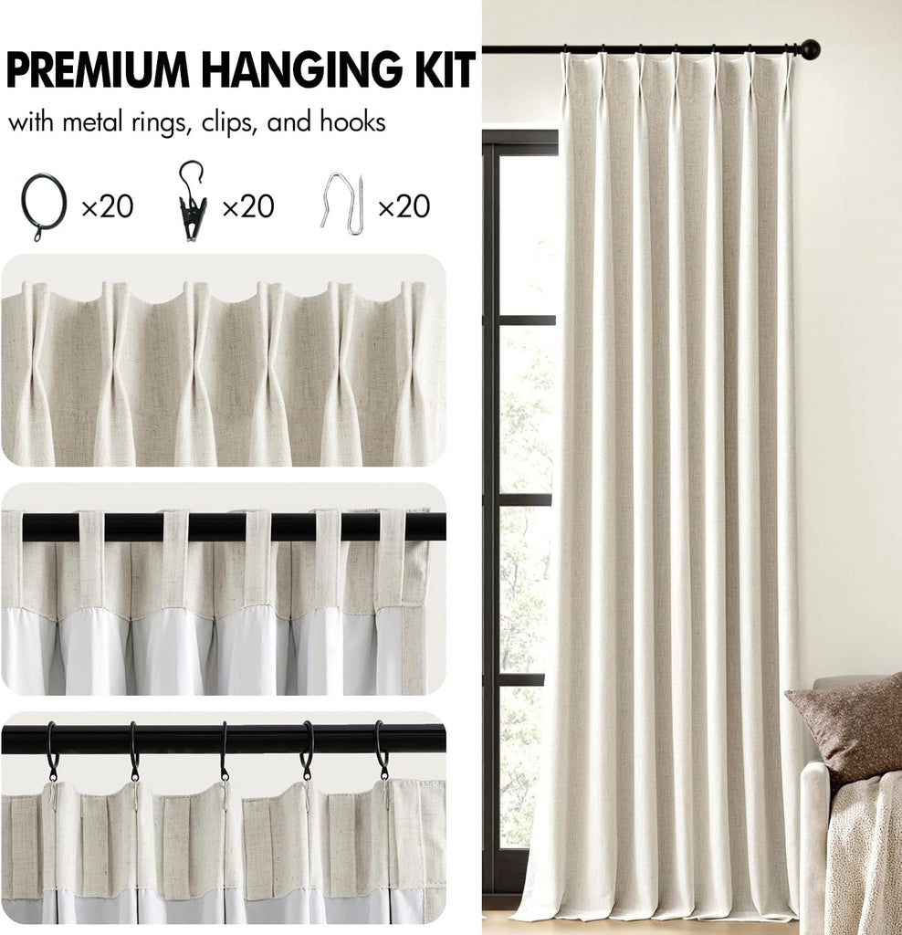 Natural Pinch Pleated 100% Blackout Linen Curtains, Room Darkening Light Blocking Window Curtains 84 inches Long