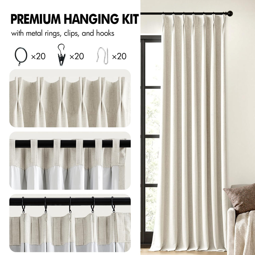 Natural Pinch Pleated 100% Blackout Linen Curtains 40x84 Inches