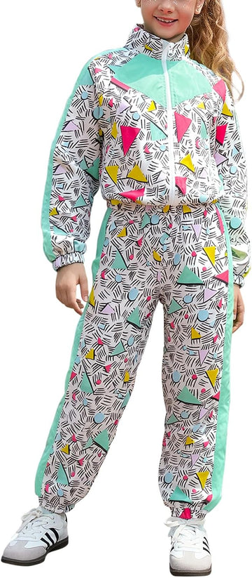 Girls' Clothing Sets 2 Piece 80s 90s Outfits Neon Jacket Pants Hip Hop Dance Outfits for Girls Tracksuit Set