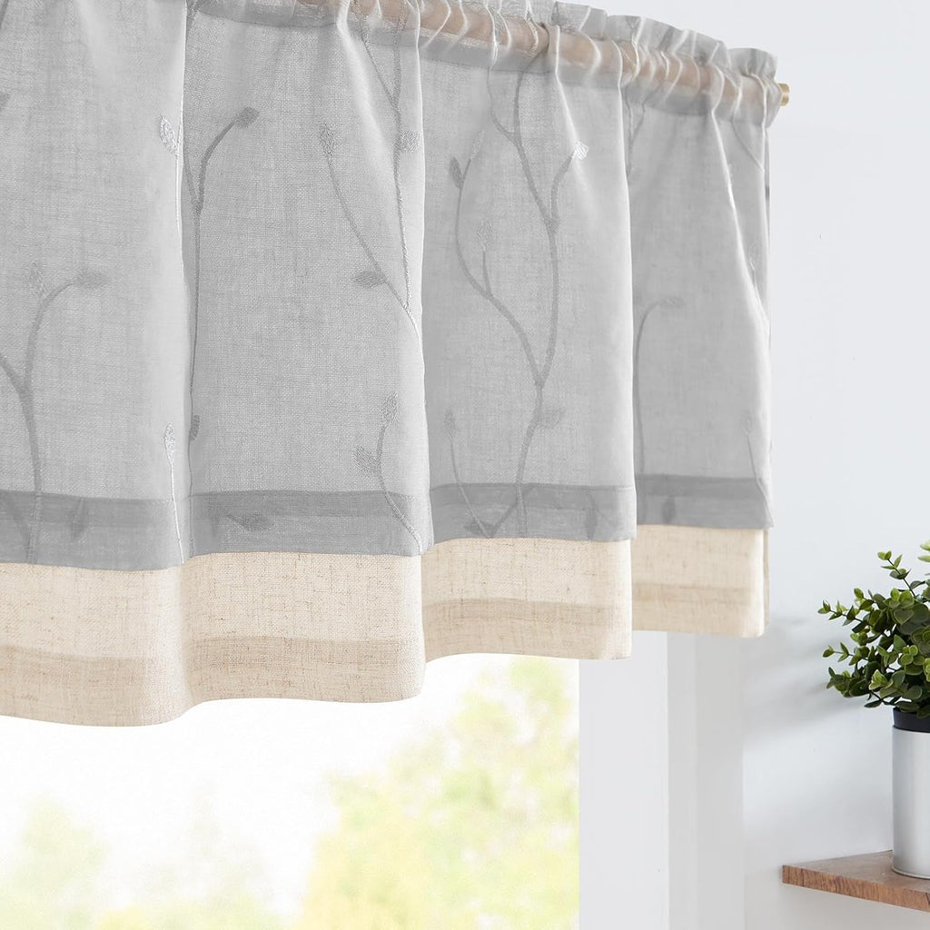 Linen Valance Sheer Double Layer Kitchen Window Curtain Leaf Embroidered Valance for Living Room Cafe Farmhouse Light