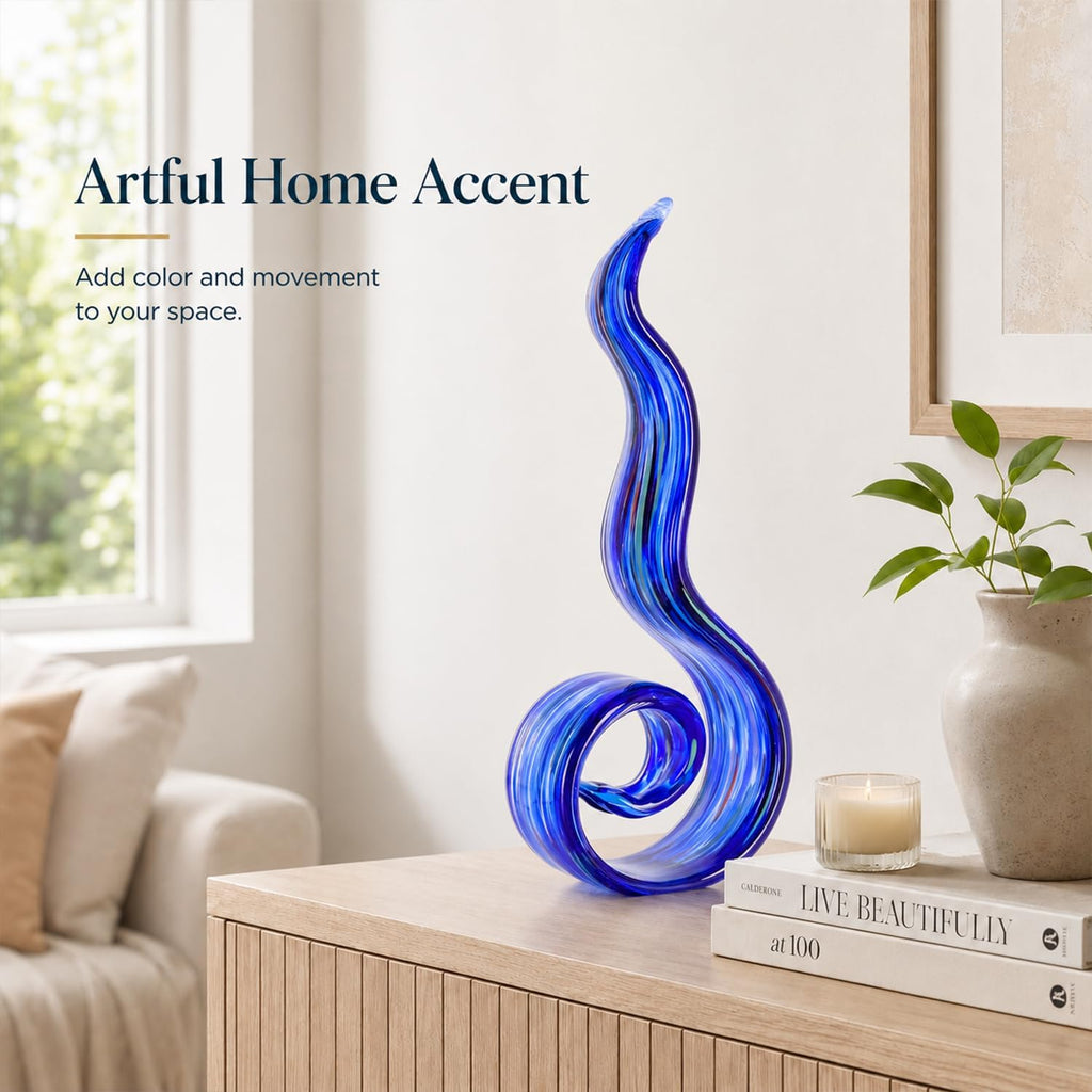 11.4in H Large Table Statue, Blue Hand Blown Glass Sculptures for Coastal Home Decor, Abstract Wave Statue