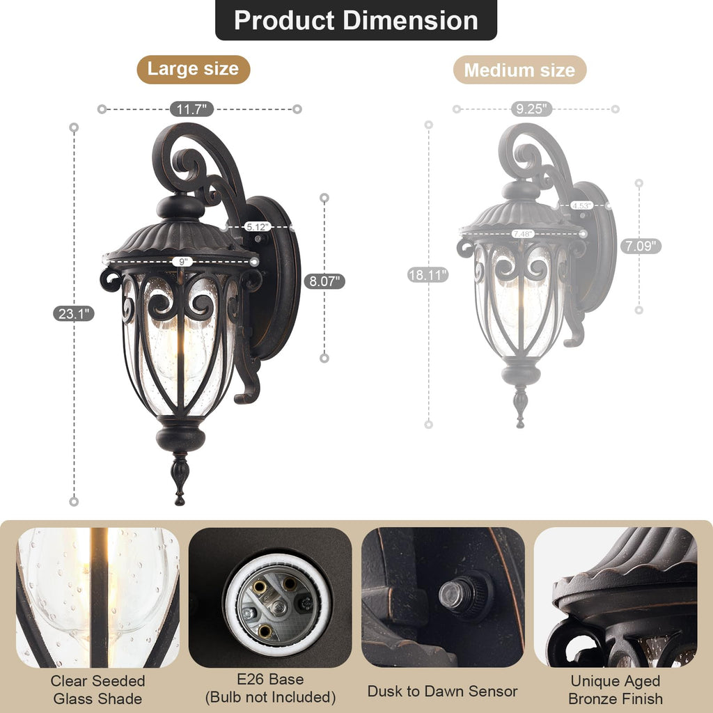 Large Dusk to Dawn Outdoor Wall Light for Garage, 23 Inch Bronze Exterior Wall Lantern Sconce for Porch, Waterproof