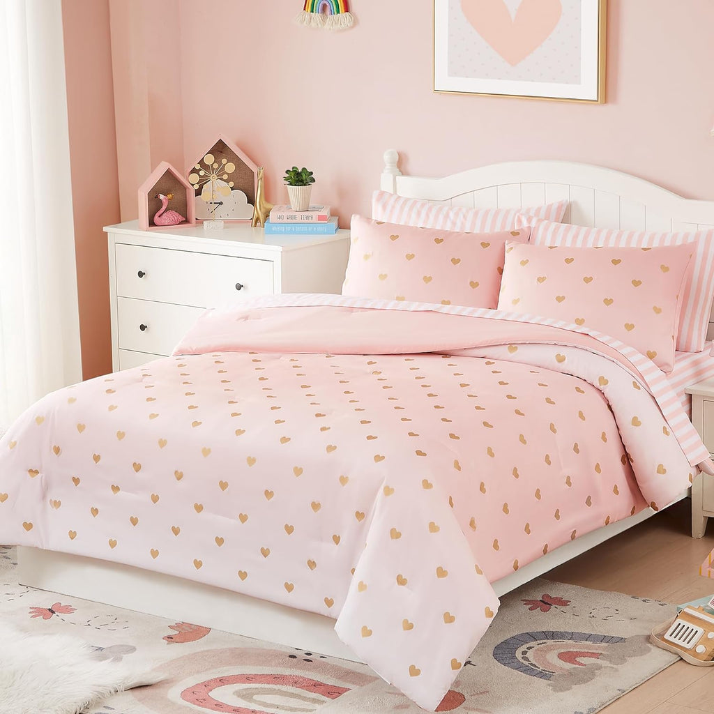 Full Comforter Sets with Sheets for Girls-7 Pieces Full Bedding Sets with Pink White Gradient Ombre Comforter