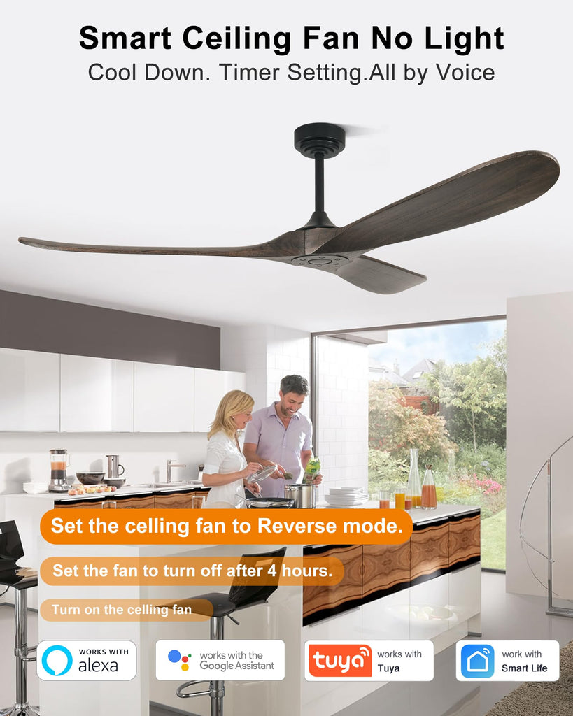 72" Ceiling Fans without Lights, Wood Large Ceiling Fan no Light with Remote Voice Control Alexa, 3 Blade Propeller s