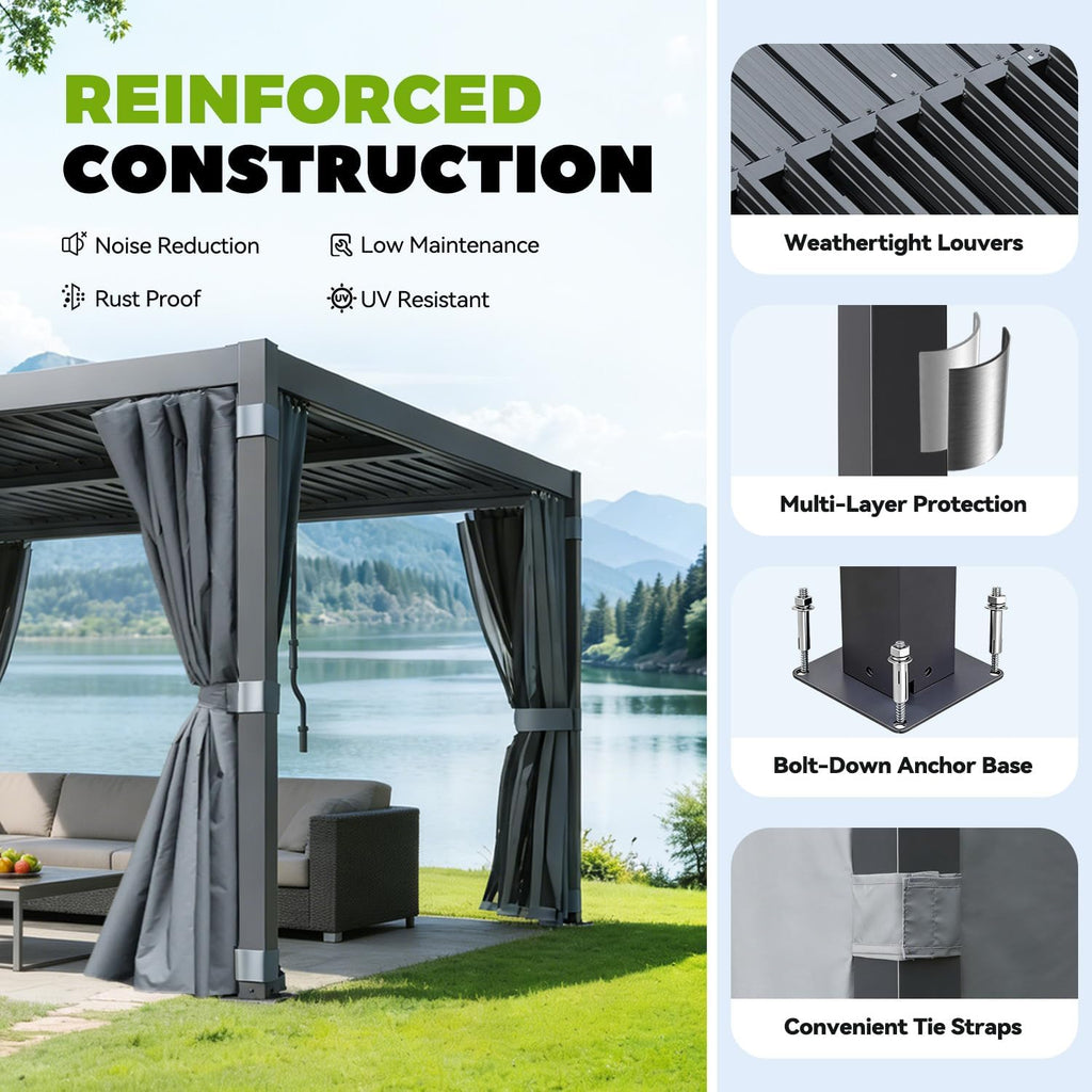 Louvered Pergola 10x12, Steel Aluminum Pergola with Adjustable Louvered Roofs