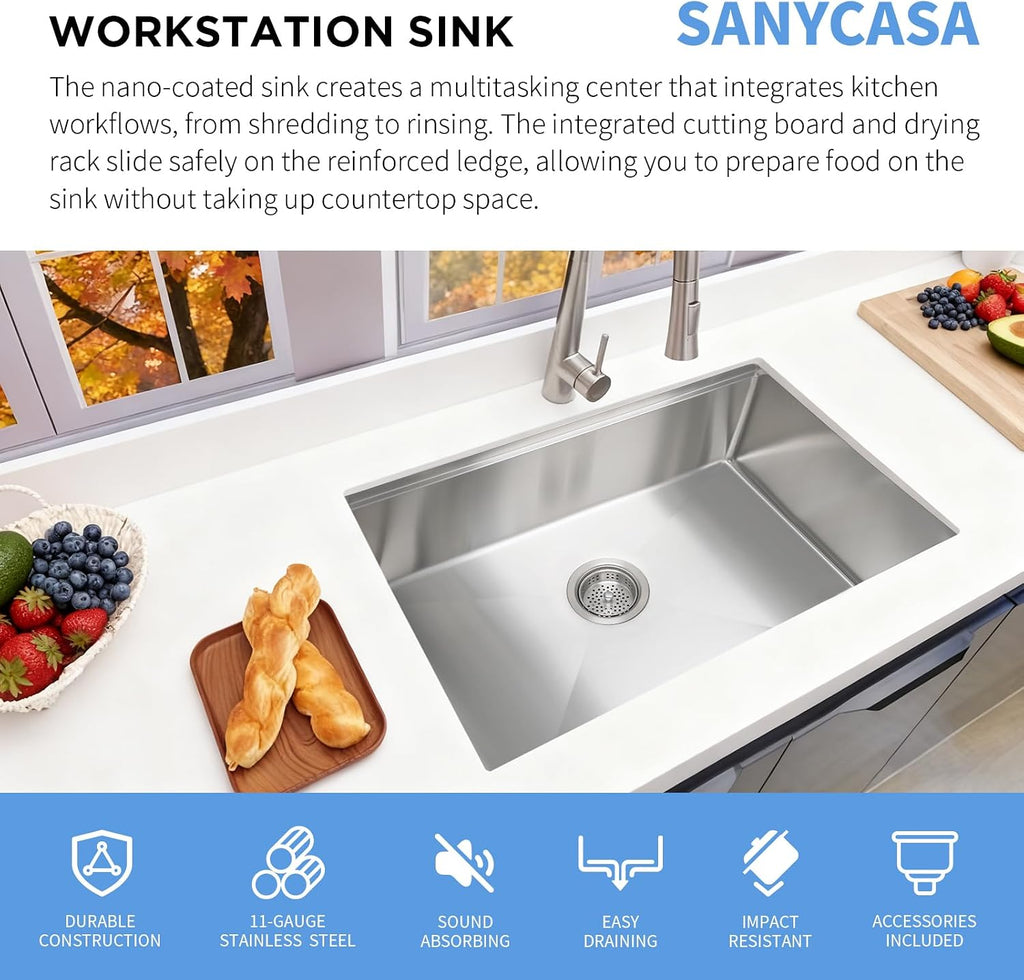 32 Inch Undermount Kitchen Sink - 11 Gauge (3mm) Stainless Steel, Single Bowl with Integrated Ledge, Superior Drain