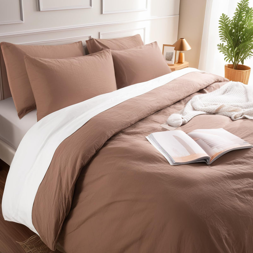 Duvet Cover Set Queen Size Linen Textured Organic Natural 100% Washed Cotton Duvet Cover Mocha Brown 3 Pieces Bedding
