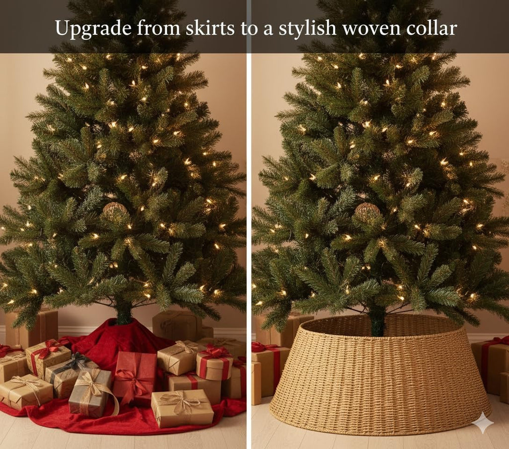 27in Farmhouse Christmas Tree Collar - Tree Basket - Natural Woven - Base Cover for Christmas Tree - Tree Skirt