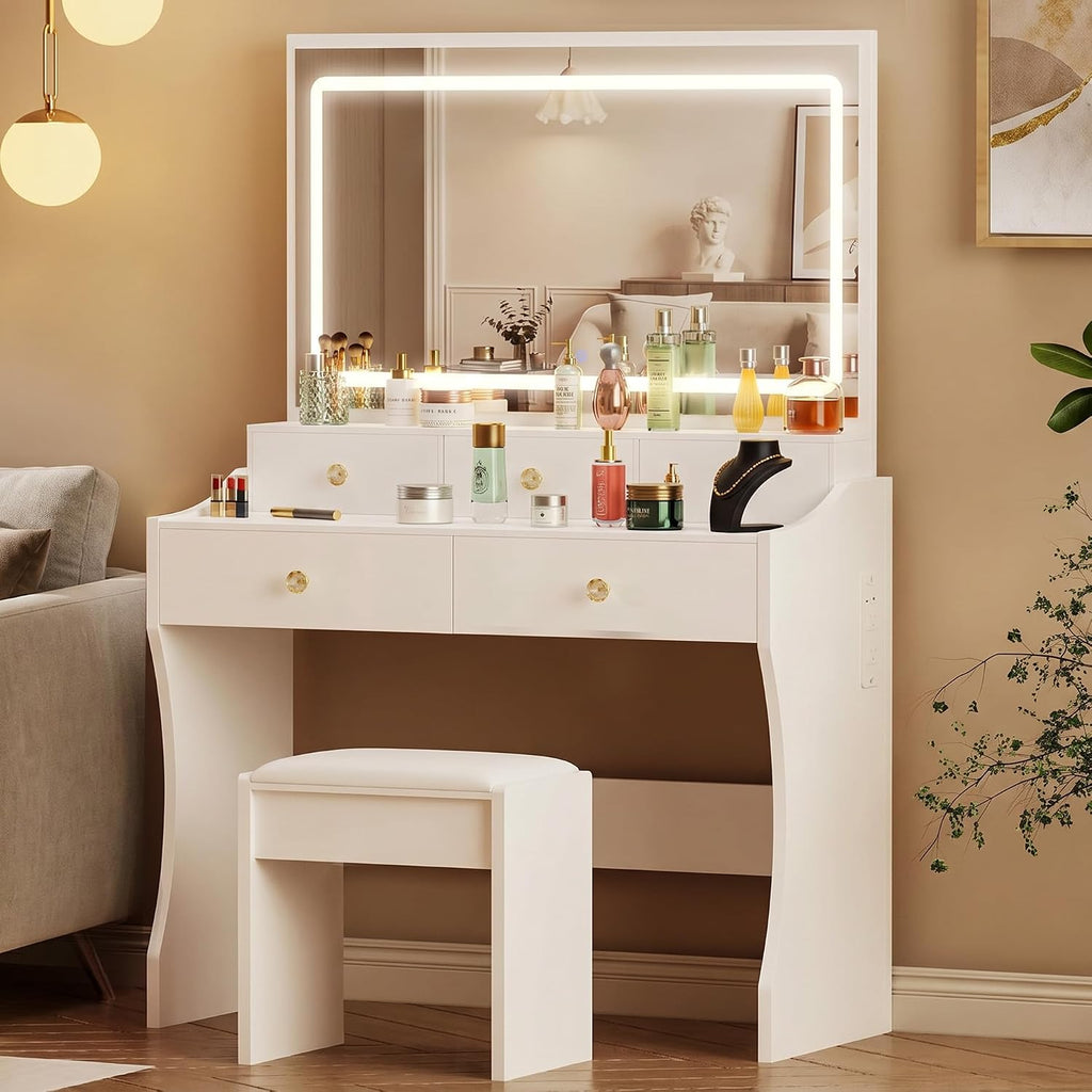 Vanity Desk with LED Lights Mirror & Power Outlet, Small Makeup Vanity Table Set with 5 Storage Drawers, 3 Lighting