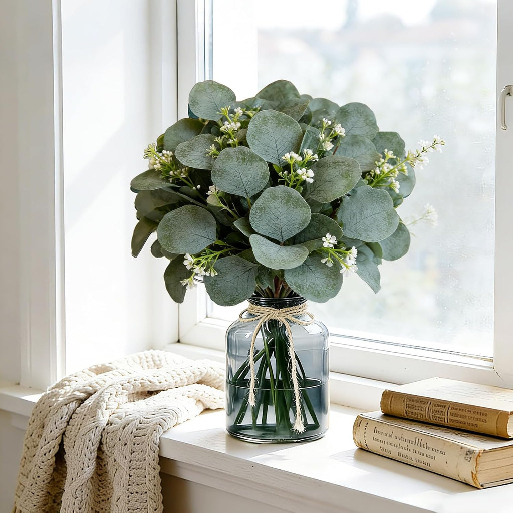 Faux Eucalyptus Leaves Stems Bulk Silver Dollar White Seed Artificial Greenery Stems Fake Sprays Branches - Set of 40