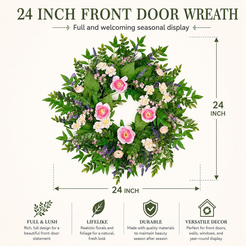 24 Inch Summer Flower Wreath for Front Door, Lavender and Daisy