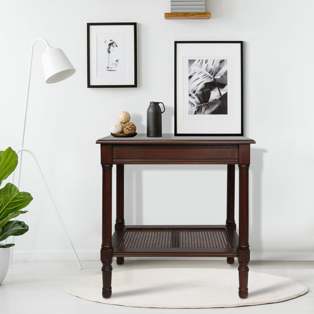 Jamestown Side Table with Rattan Shelf, Cherry