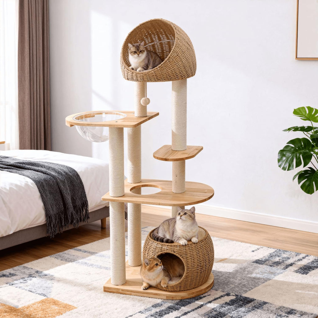 Wood Cat Tree for Indoor Cats, 59in Tall Cat Tower