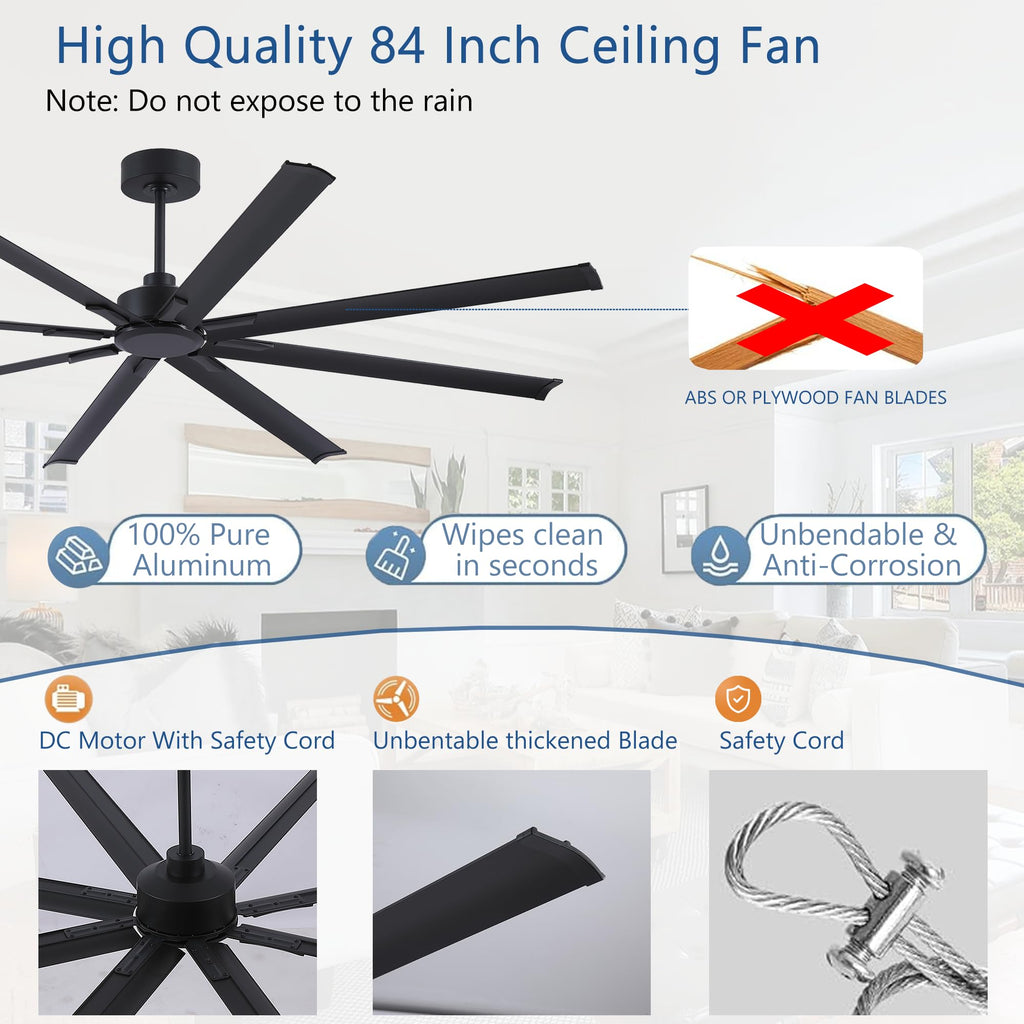 84 inch Large Ceiling Fans No Lights with Remote Control, Black Modern Industrial Ceiling Fan for Garage Living Room