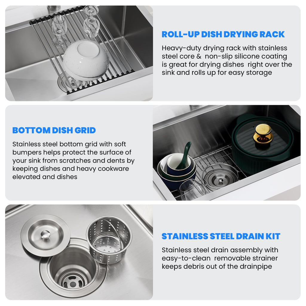 30 x 20 Inch Kitchen Sink, 30 Inch Drop in Workstation Sink