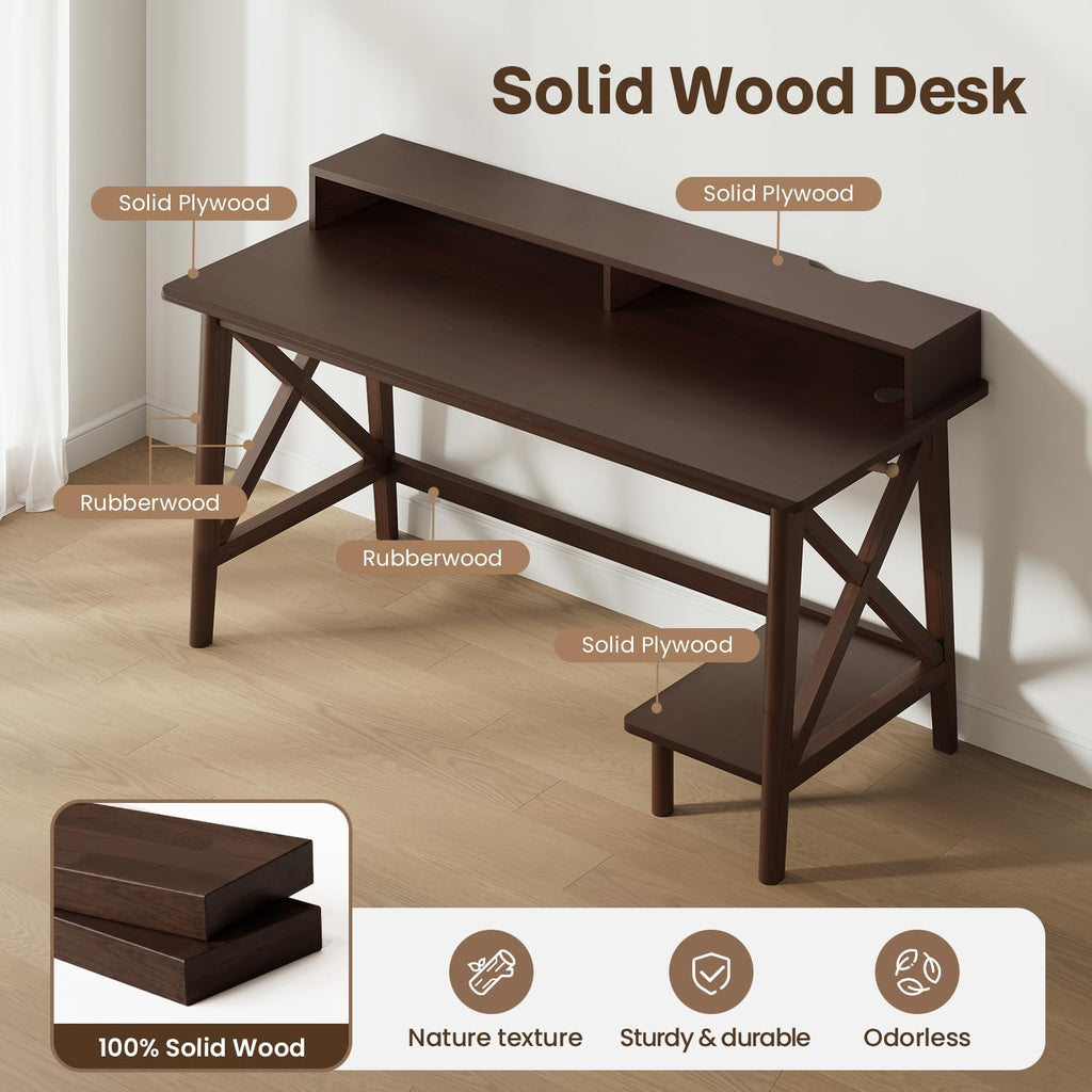 Solid Wood Computer Desk - 60 inch Modern Work Study Table, Walnut