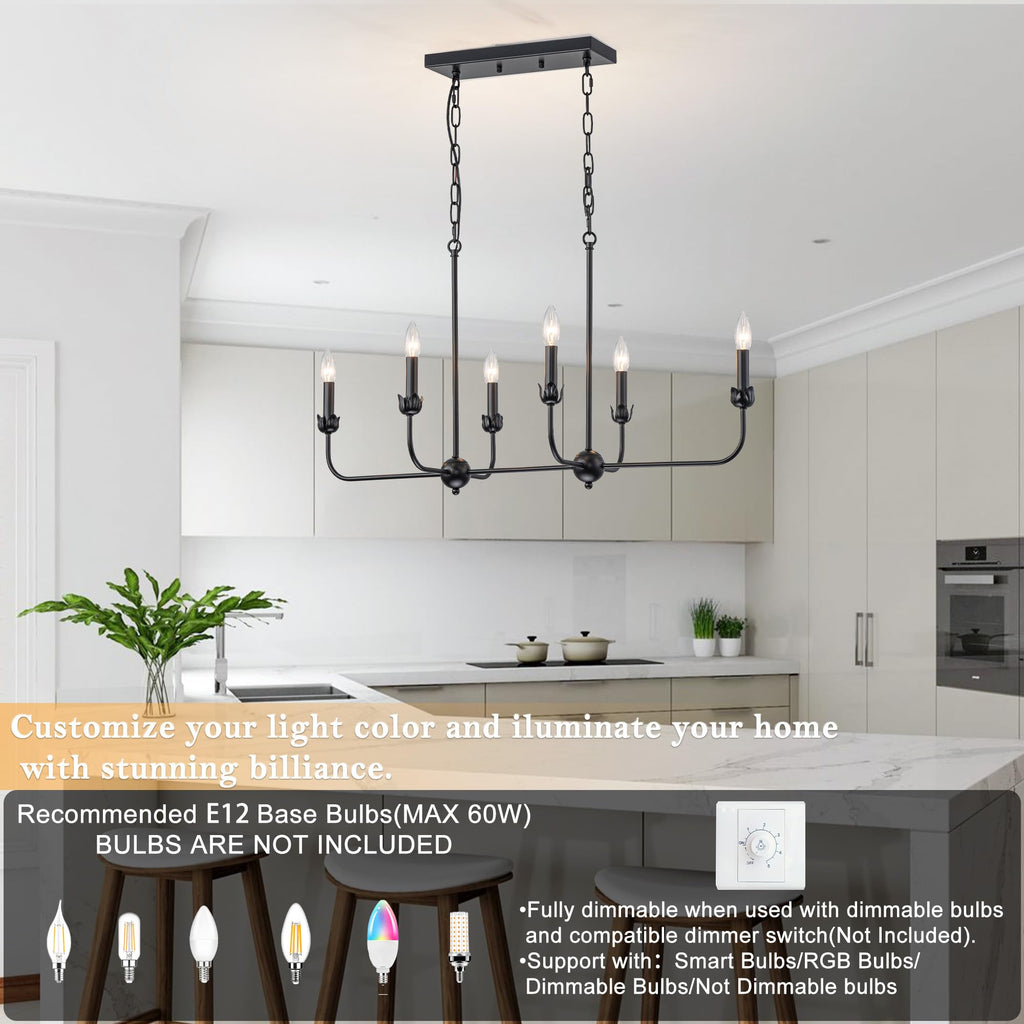 Modern Black 6-Light Linear Chandelier, E12 Base, Adjustable Chain Lighting Fixture Island, Dining Room, or Long Table