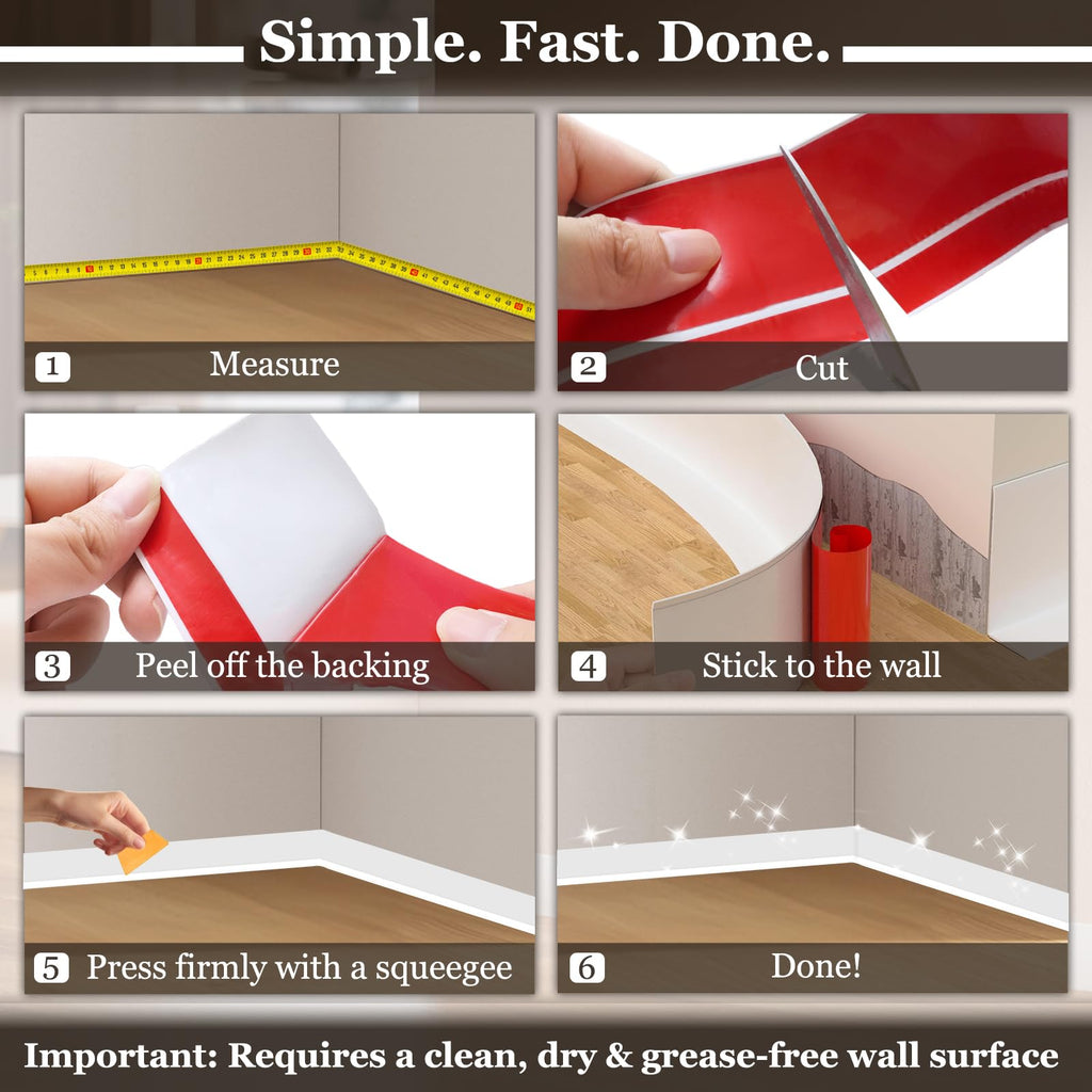 25ft Flexible Vinyl Baseboard Molding Trim Peel and Stick Wall Base