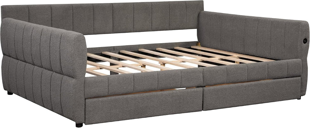 Queen daybed with USB, Queen Corner beds, Upholstered daybed with 2 Drawers for Kids,Teens,Adults, Lambswool, Gray