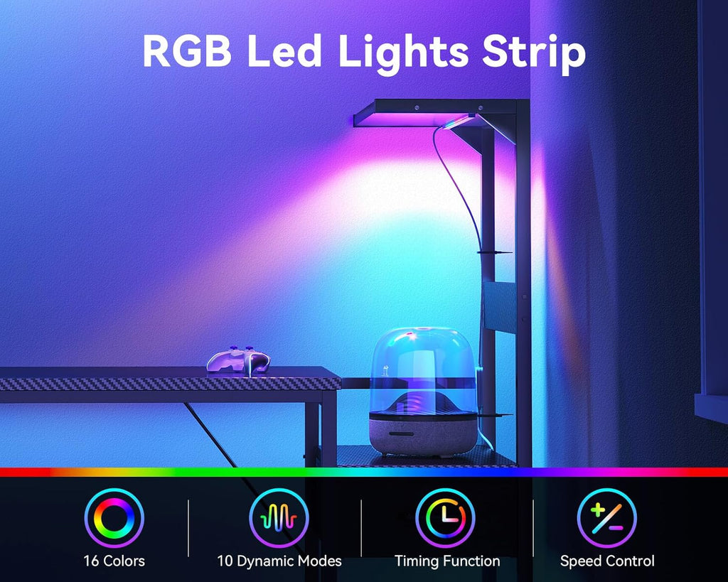 54'' Gaming Desk with LED Lights & CPU Stand, Reversible Computer Desk with Storage Shelves & Fabric Drawer, Modern