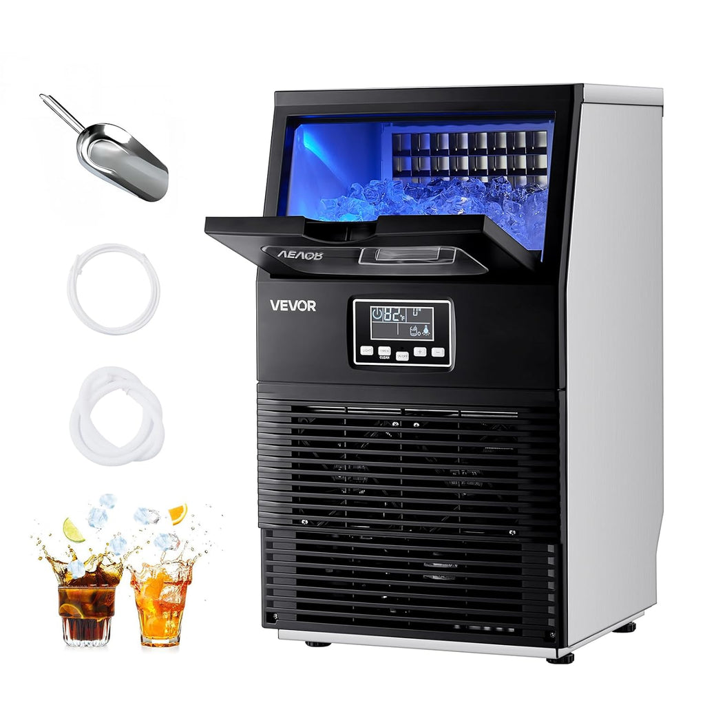 Commercial Ice Maker Machine, 80 lbs/24h with 12Lbs Storage, 32 Cubes per Cycle, Stainless Steel Freestanding &