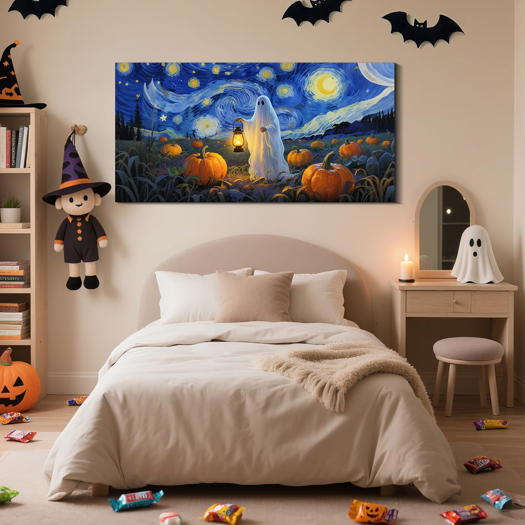 Halloween Wall Art 40x20 Inch, Pumpkin and Ghost Theme Canvas Wall Decor Van Gogh Style Painting Print Holiday Gift